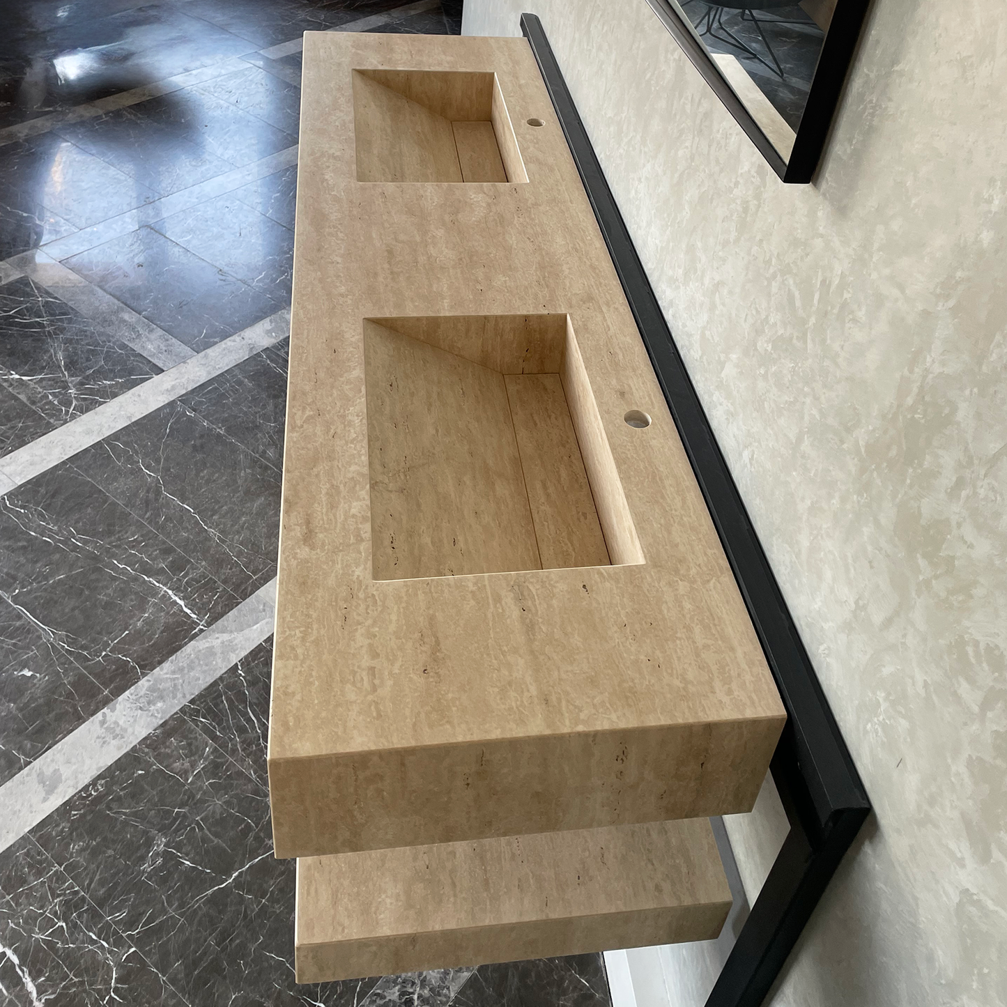 HANDCRAFTED CUSTOM TRAVERTINE SINK AND MATCHING SHELF (TR-175)