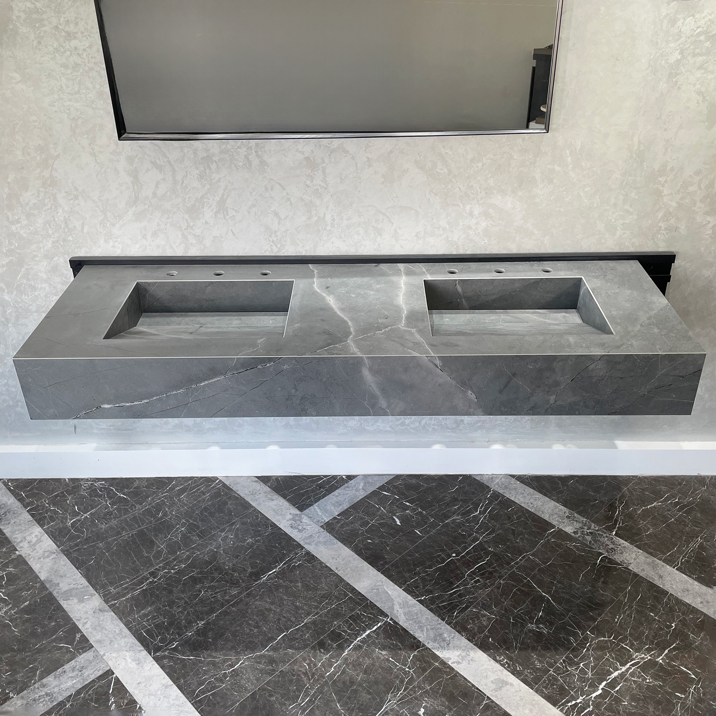 HANDCRAFTED ARMANI GREY HIGH ENGINEERED PORCELAIN DOUBLE SINK (ES-096)