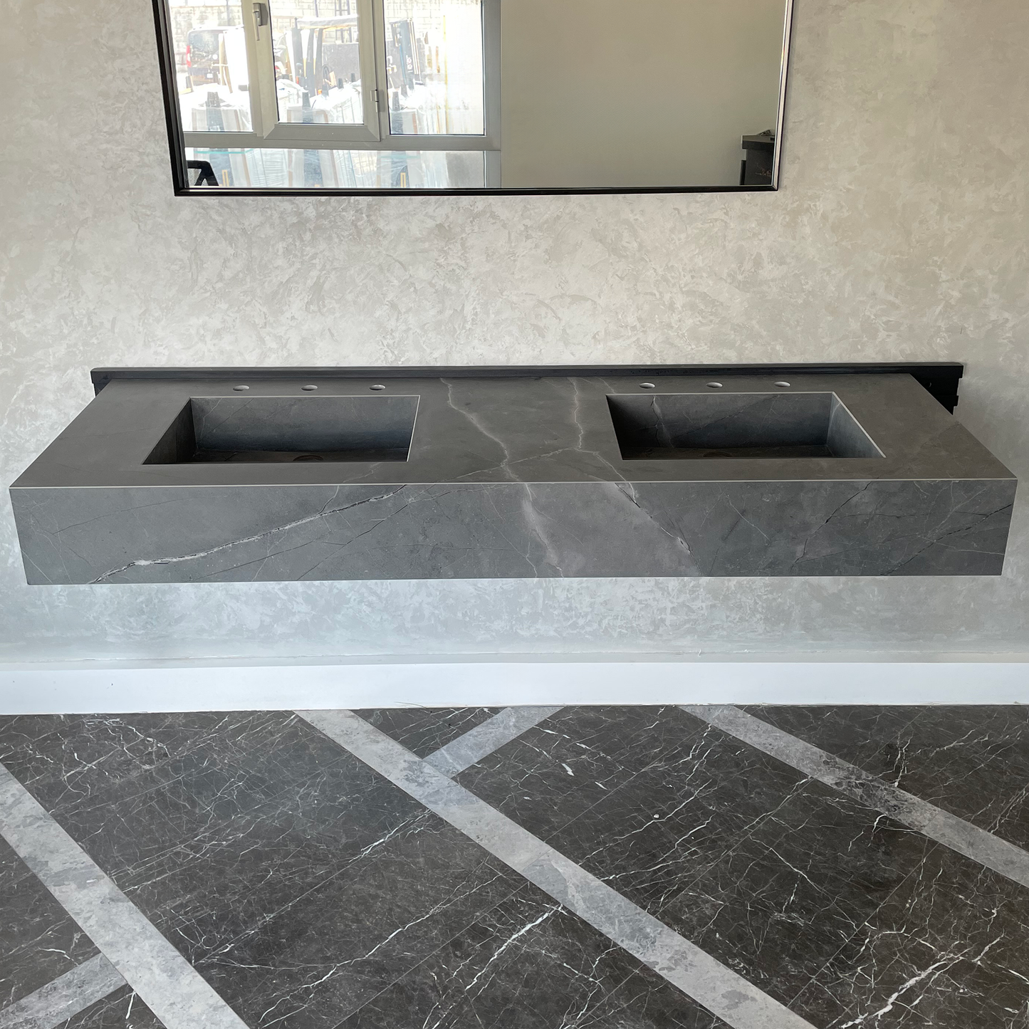 HANDCRAFTED ARMANI GREY HIGH ENGINEERED PORCELAIN DOUBLE SINK (ES-096)