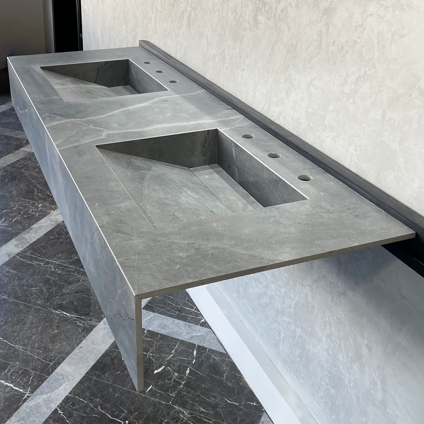 HANDCRAFTED ARMANI GREY HIGH ENGINEERED PORCELAIN DOUBLE SINK (ES-096)
