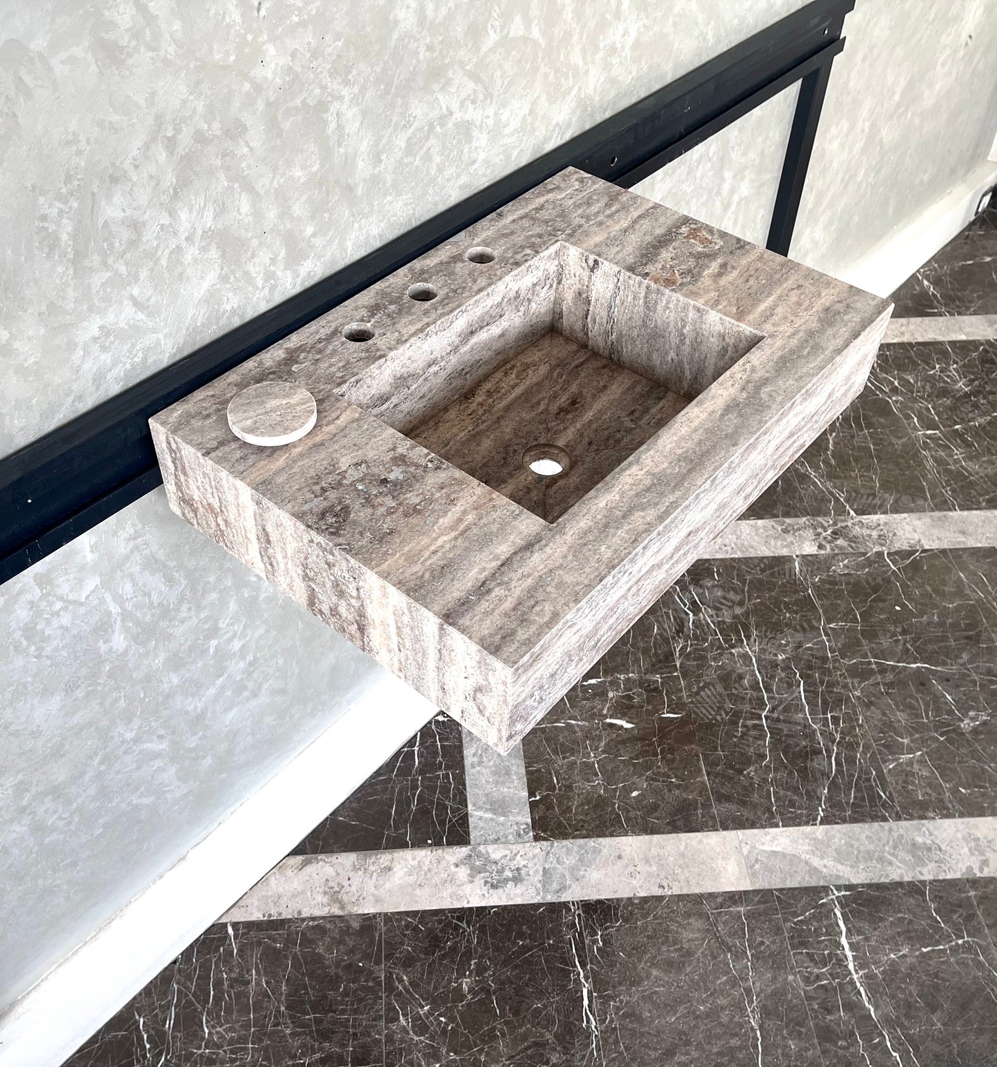 HANDCRAFTED CUSTOM SILVER TRAVERTINE SINK (TR-047)