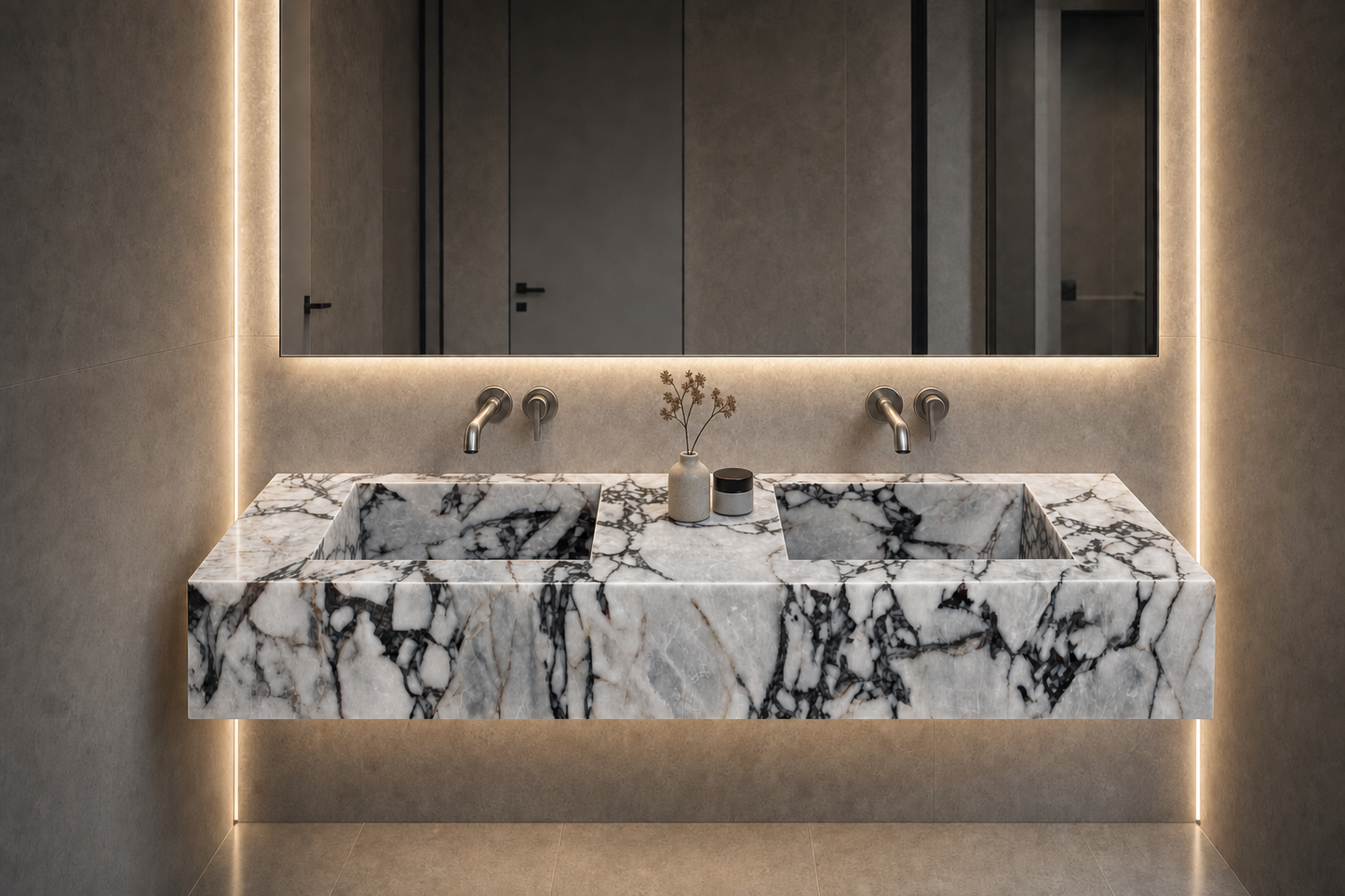 Handcrafted Calacatta Viola Marble Double Sink: Custom Bathroom Vanity (NS-150)