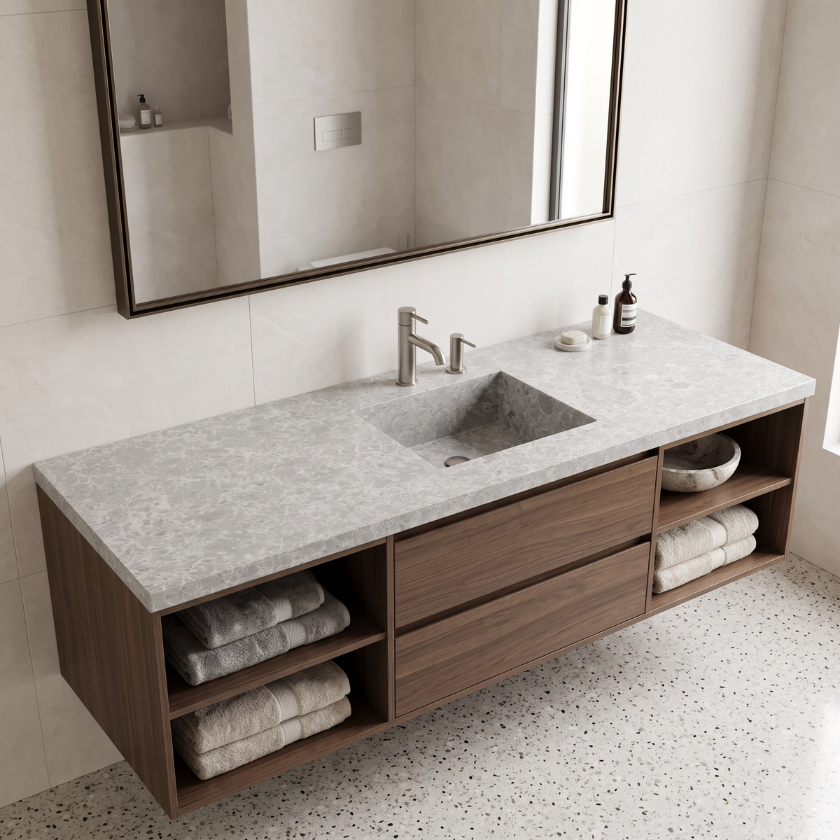 Handcrafted Tundra Grey Marble Sink: Custom Bathroom Vanity (NS-099)