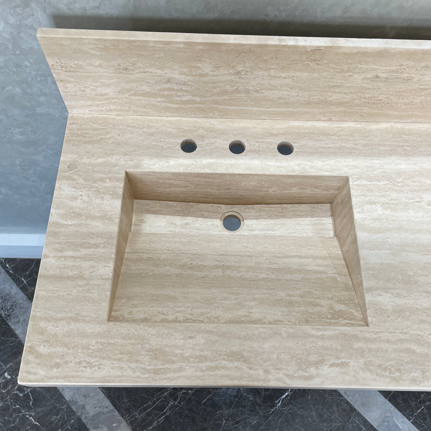 Handcrafted Vein Cut Travertine Sink: Custom Beige Bathroom Vanity (TR-117)