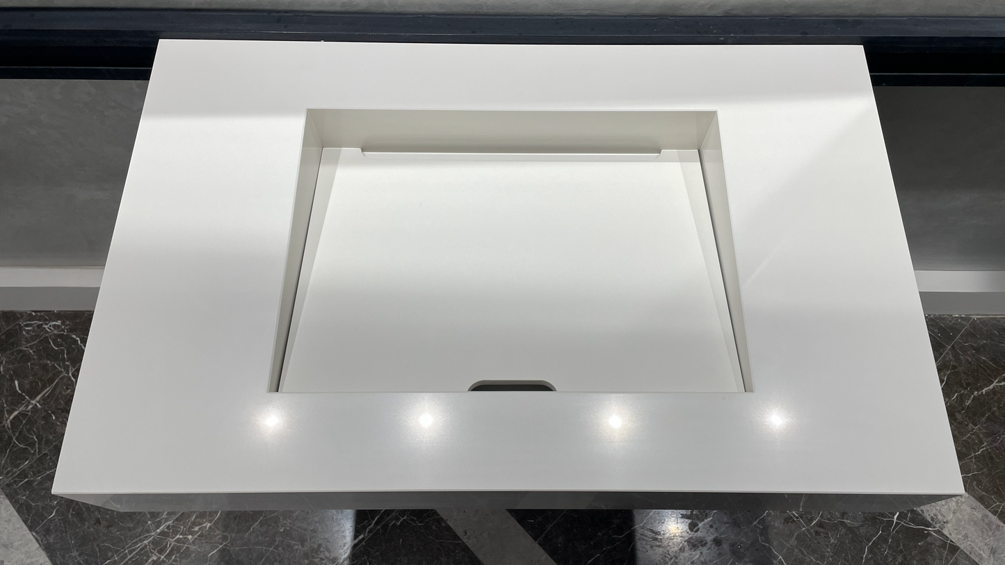 Handcrafted White Quartz Bathroom Vanity Sink With A Removable Ramp Cover Plate: Wall Mount or Vanity Top (QU-049)