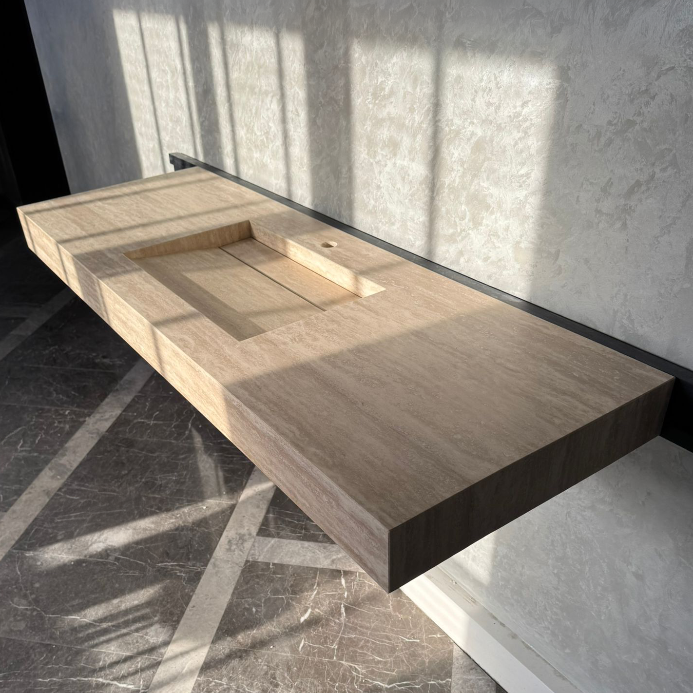 Vein Cut Travertine Ramp Sink | Handmade Natural Stone Bathroom Sink | Custom Modern Stone Basin (TR-85)