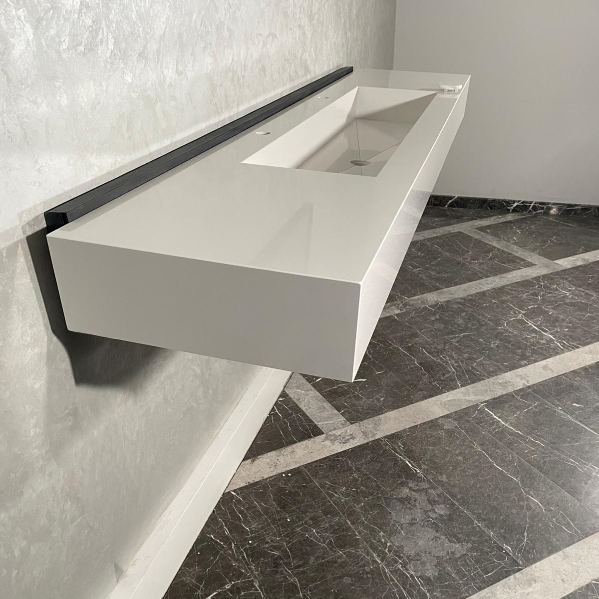 Custom White Quartz Large Bathroom Trough Sink: Wall Mount Vanity (QU-95)