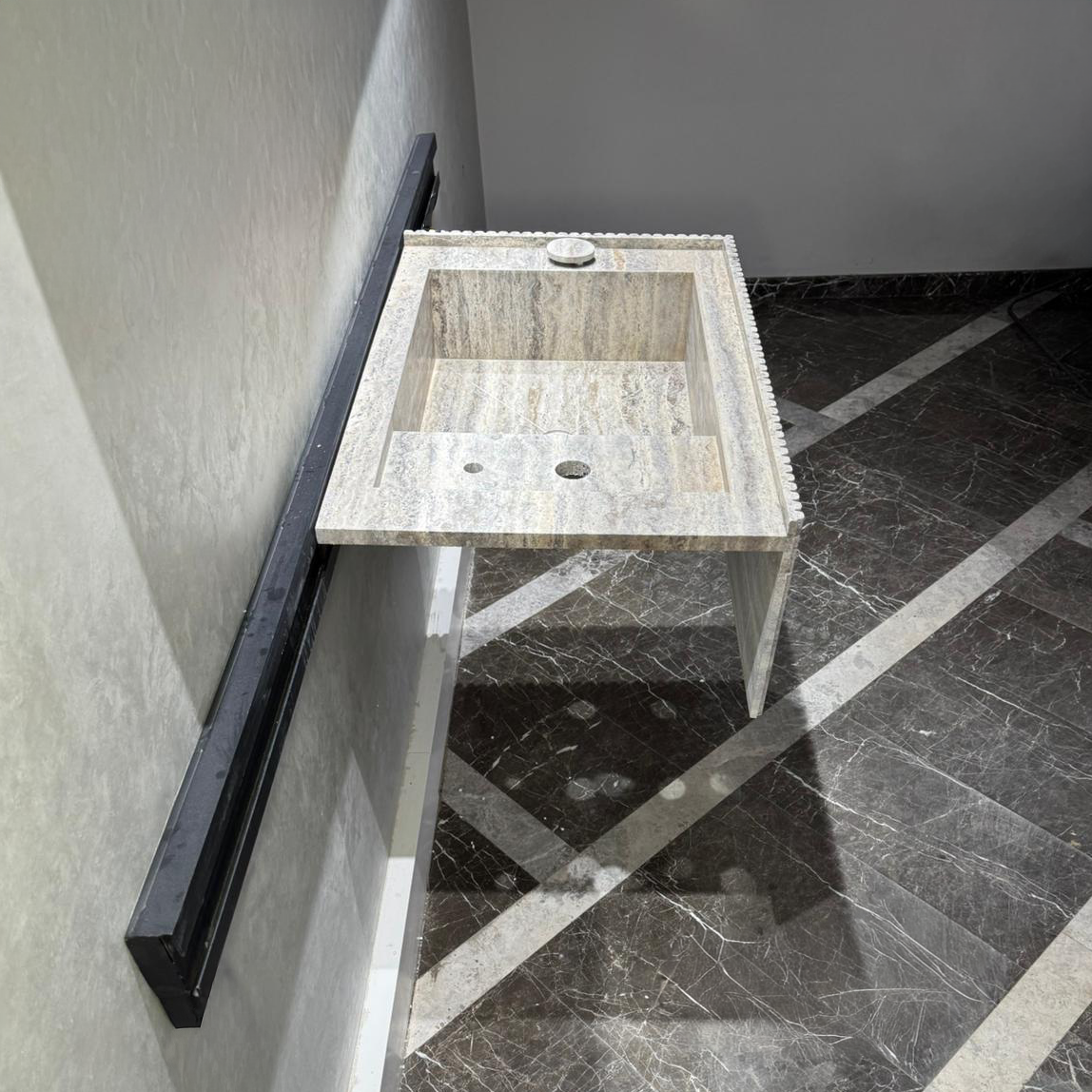 Handmade Silver Vein Cut Travertine Sink | Natural Stone Bathroom Basin | Luxury Custom (TR-077)