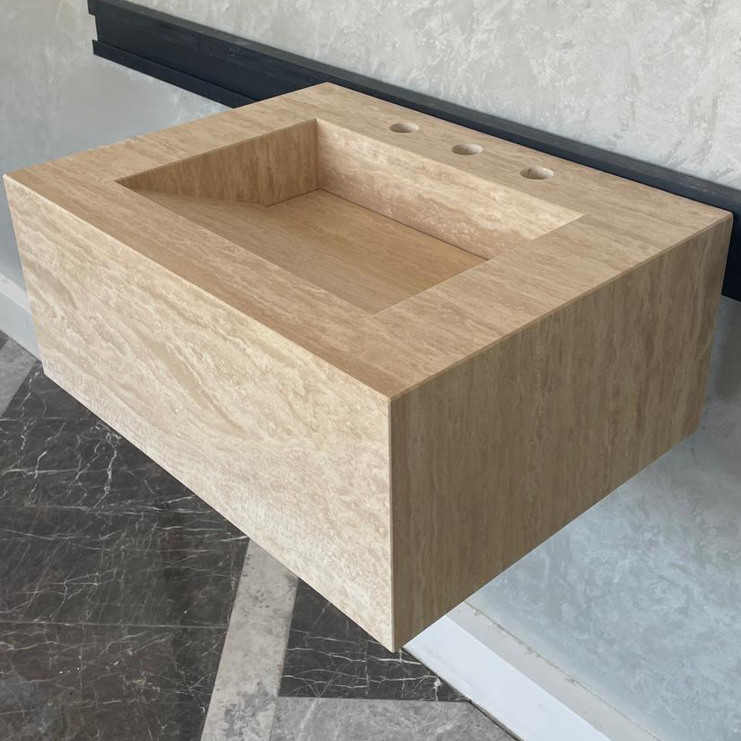 Handmade Vein Cut Travertine Sink: Custom Beige Bathroom Vanity (TR-046)