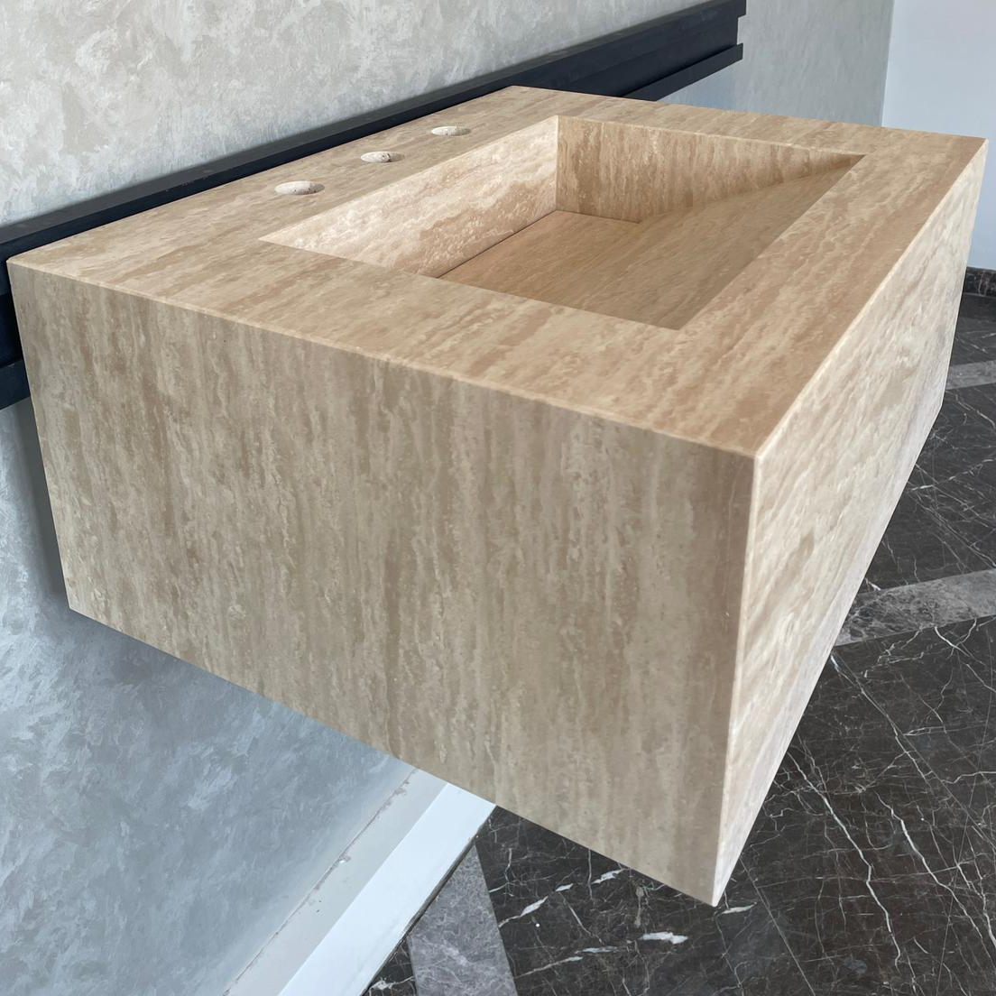 Handmade Vein Cut Travertine Sink: Custom Beige Bathroom Vanity (TR-046)