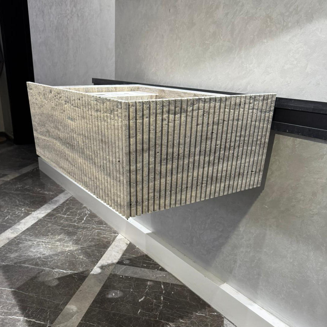 Handmade Silver Vein Cut Travertine Sink | Natural Stone Bathroom Basin | Luxury Custom (TR-077)