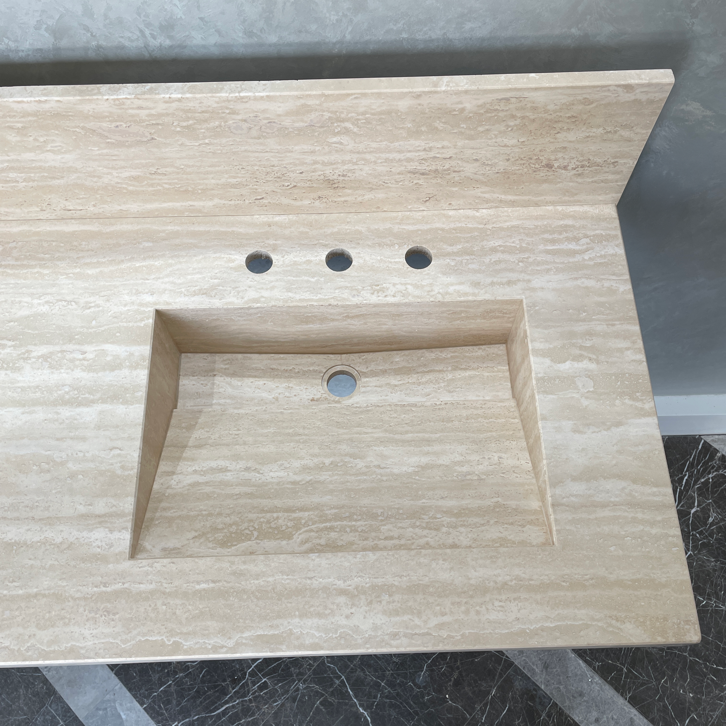 Handcrafted Vein Cut Travertine Sink: Custom Beige Bathroom Vanity (TR-117)