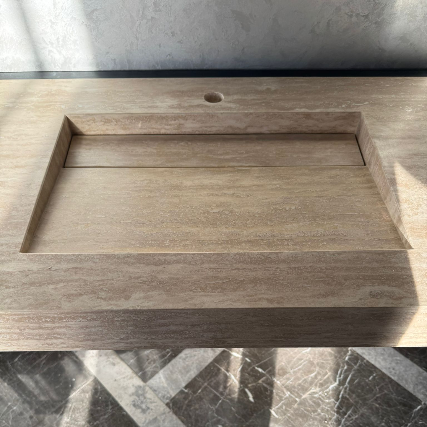 Vein Cut Travertine Ramp Sink | Handmade Natural Stone Bathroom Sink | Custom Modern Stone Basin (TR-85)
