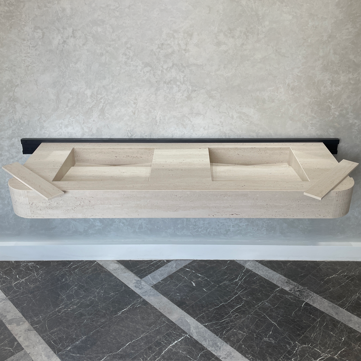 Handcrafted Travertine Look Porcelain Double Sink: Custom Vanity Top (ES-100)
