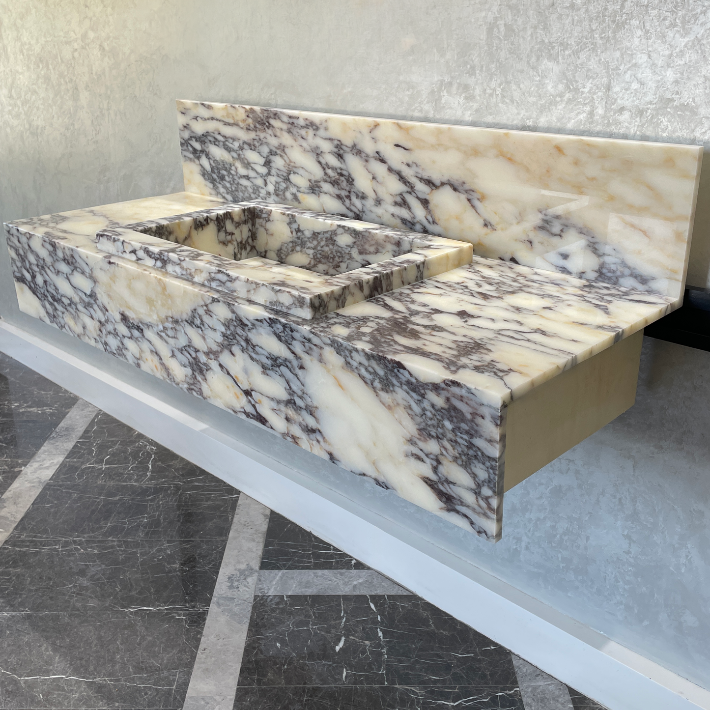 Handcrafted Calacatta Viola Marble Sink With Backsplash: Custom Bathroom Vanity (NS-129)