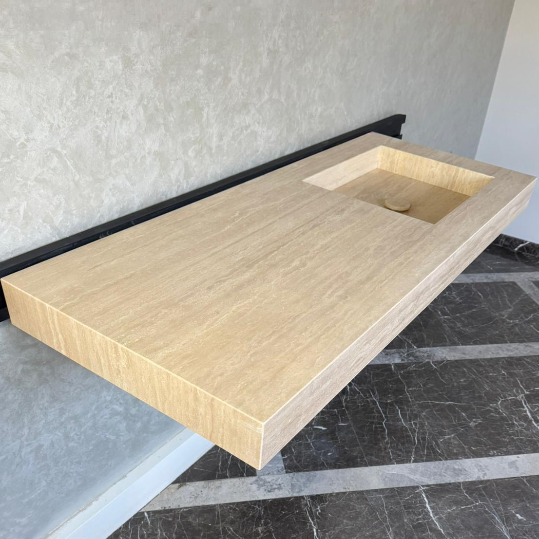 Handmade Vein Cut Travertine Sink: Custom Beige Bathroom Vanity (TR-087)