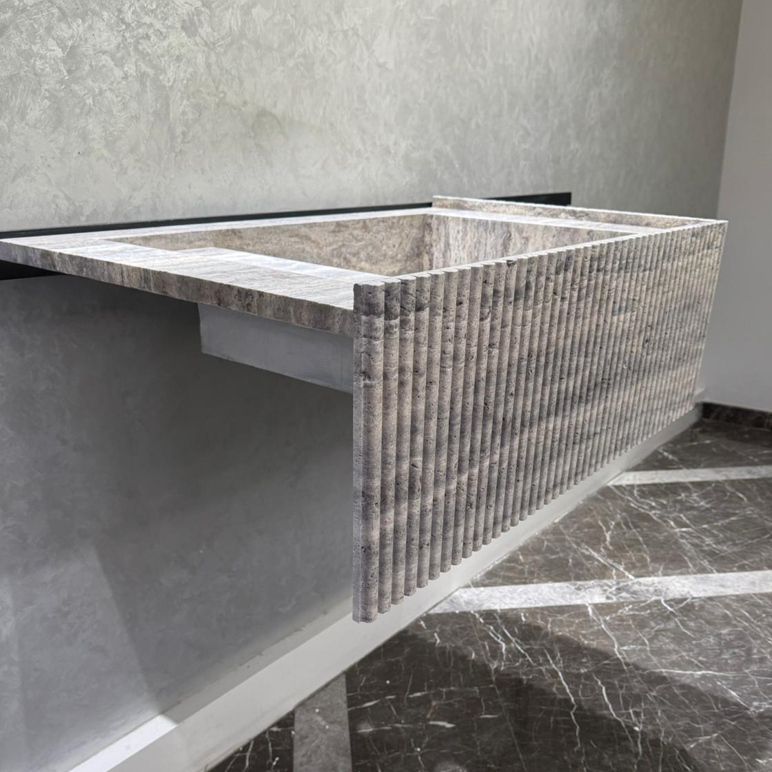 Handmade Silver Vein Cut Travertine Sink | Natural Stone Bathroom Basin | Luxury Custom (TR-077)