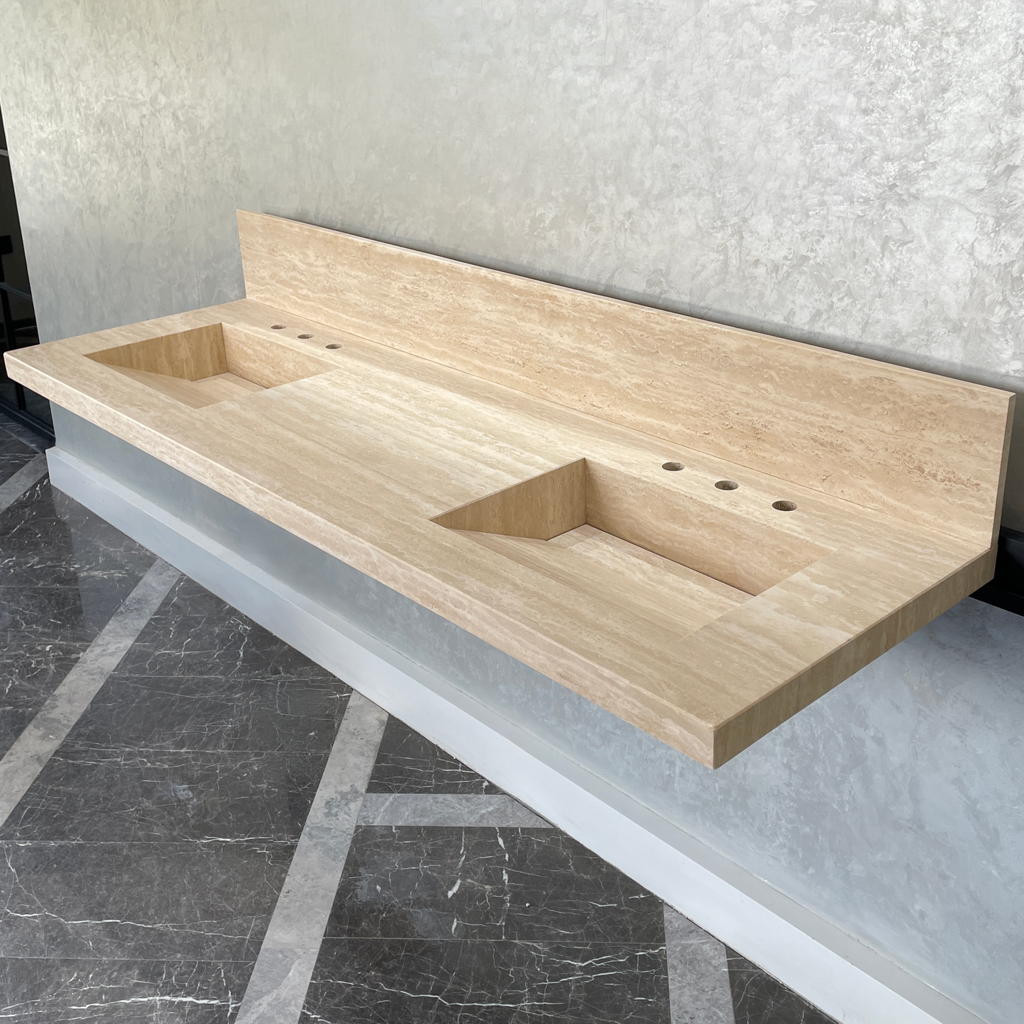 Handcrafted Vein Cut Travertine Sink: Custom Beige Bathroom Vanity (TR-117)