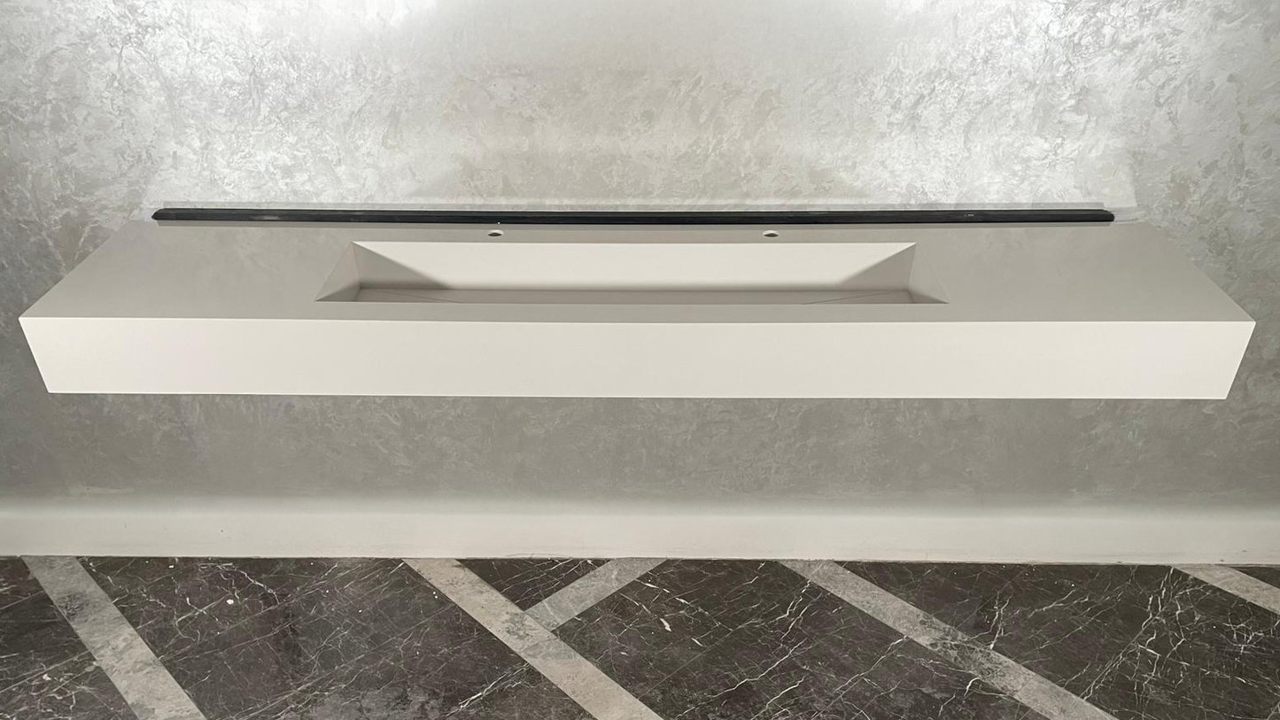Custom White Quartz Large Bathroom Trough Sink: Wall Mount Vanity (QU-95)