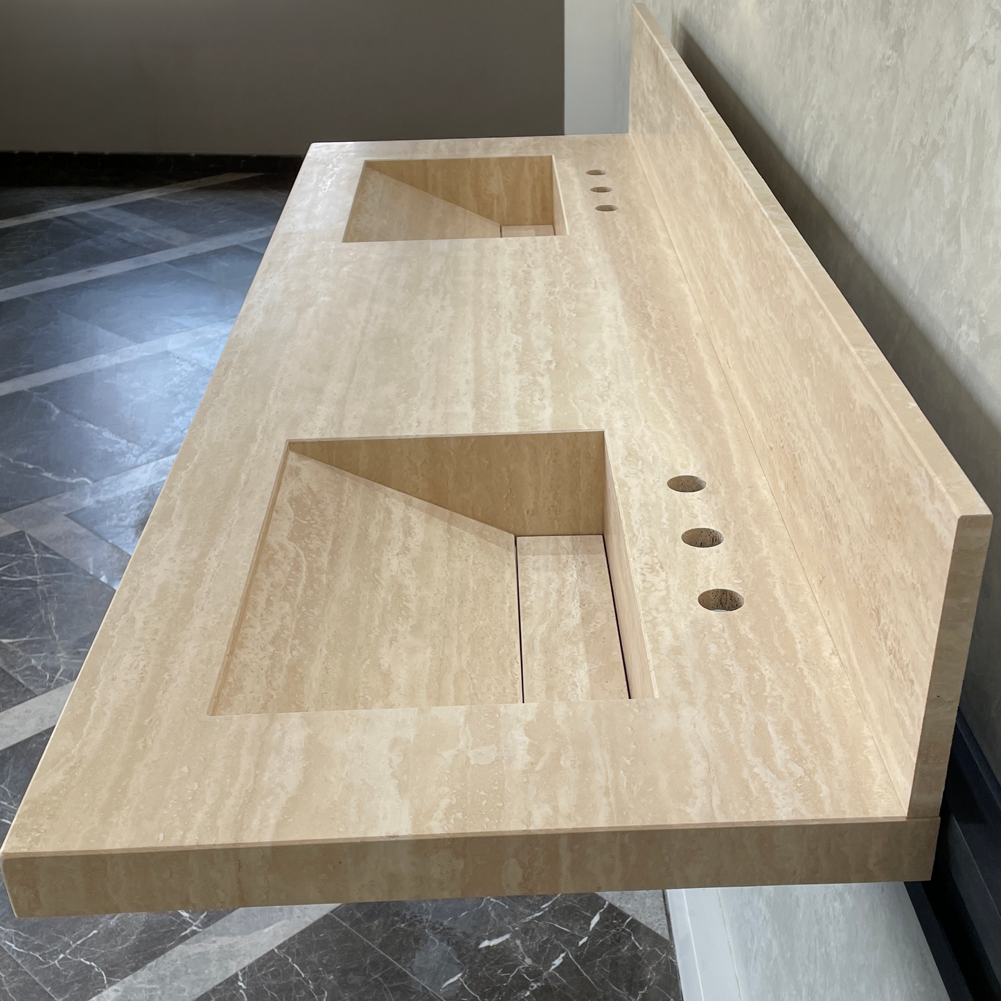 Handcrafted Vein Cut Travertine Sink: Custom Beige Bathroom Vanity (TR-117)