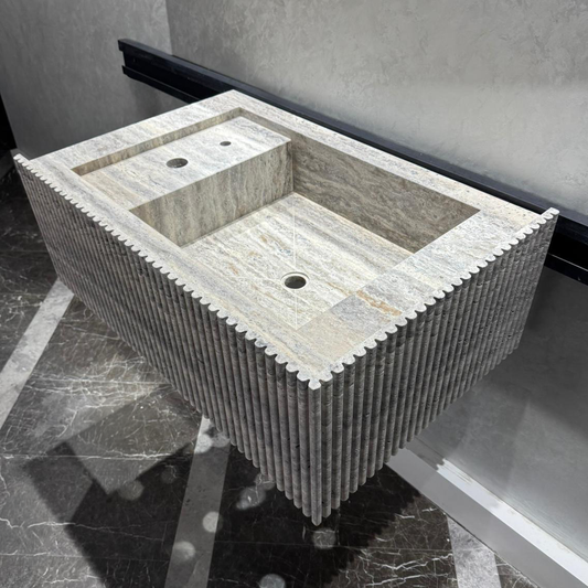 Handmade Silver Vein Cut Travertine Sink | Natural Stone Bathroom Basin | Luxury Custom (TR-077)