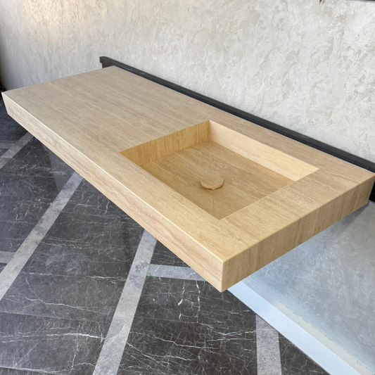 Handmade Vein Cut Travertine Sink: Custom Beige Bathroom Vanity (TR-087)
