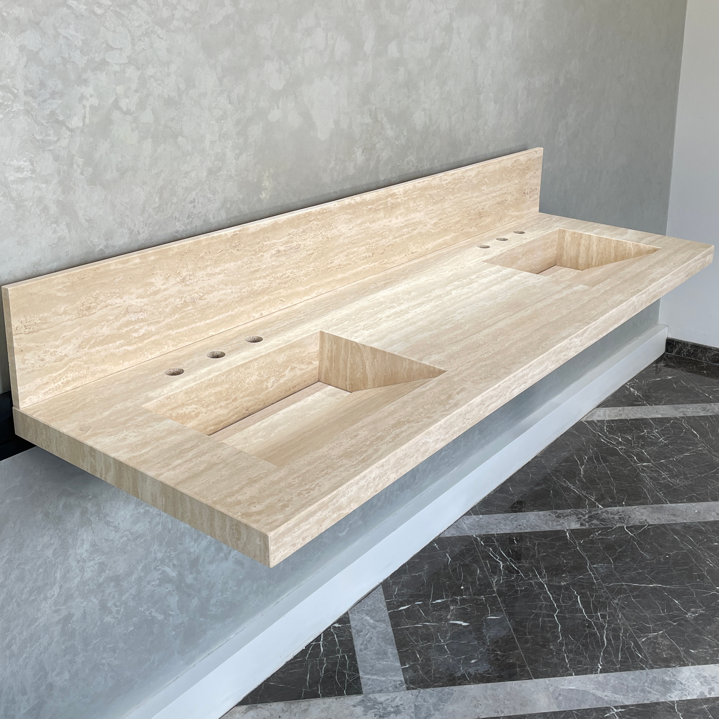 Handcrafted Vein Cut Travertine Sink: Custom Beige Bathroom Vanity (TR-117)