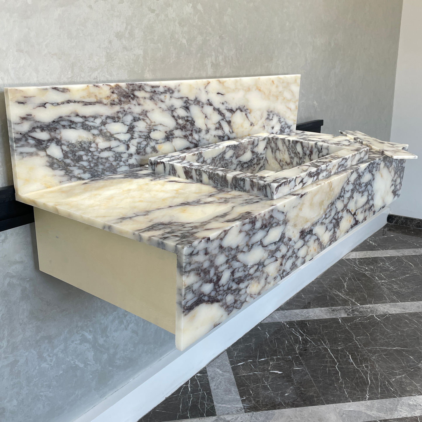 Handcrafted Calacatta Viola Marble Sink With Backsplash: Custom Bathroom Vanity (NS-129)