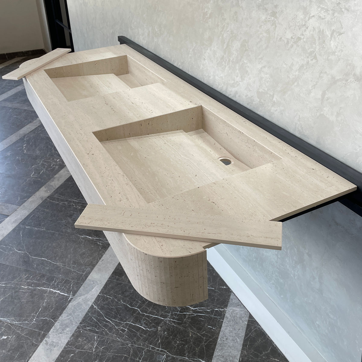 Handcrafted Travertine Look Porcelain Double Sink: Custom Vanity Top (ES-100)