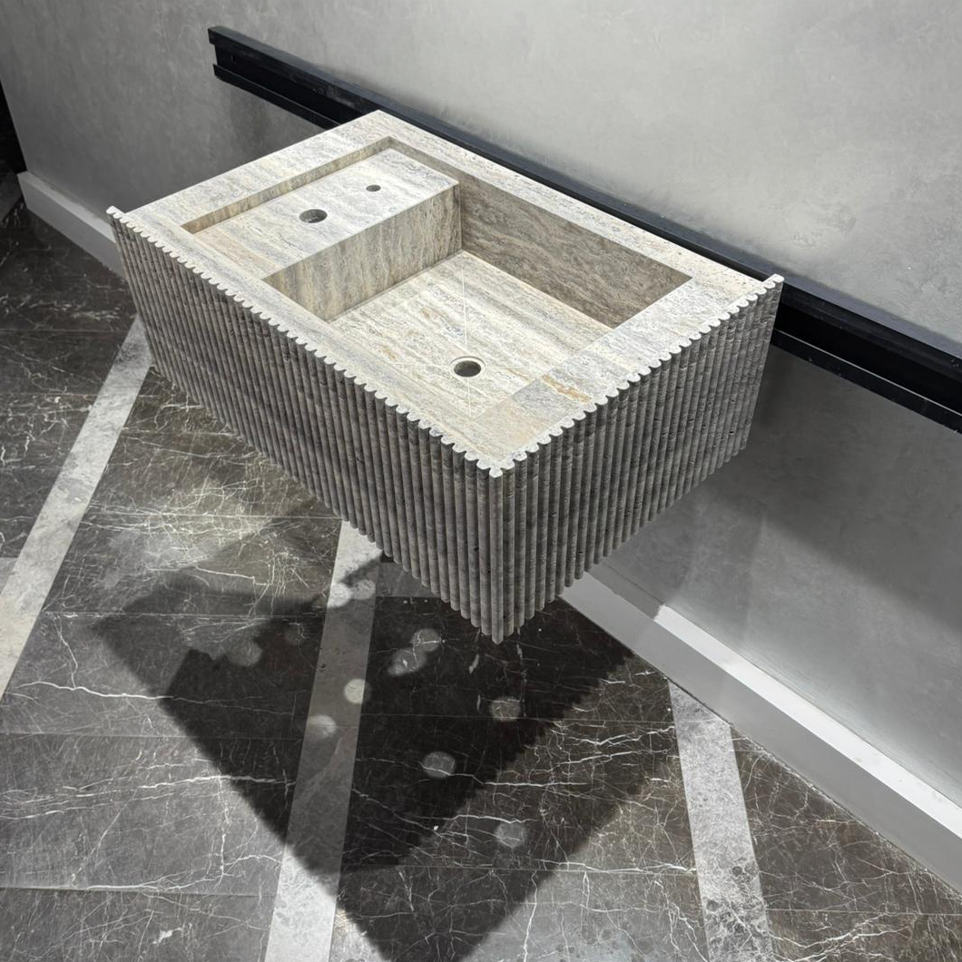 Handmade Silver Vein Cut Travertine Sink | Natural Stone Bathroom Basin | Luxury Custom (TR-077)