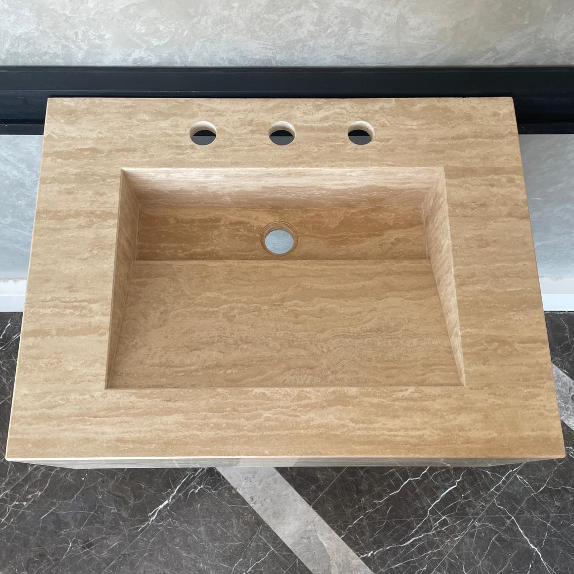 Handmade Vein Cut Travertine Sink: Custom Beige Bathroom Vanity (TR-046)