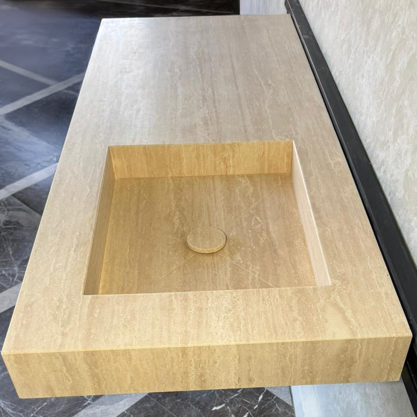 Handmade Vein Cut Travertine Sink: Custom Beige Bathroom Vanity (TR-087)