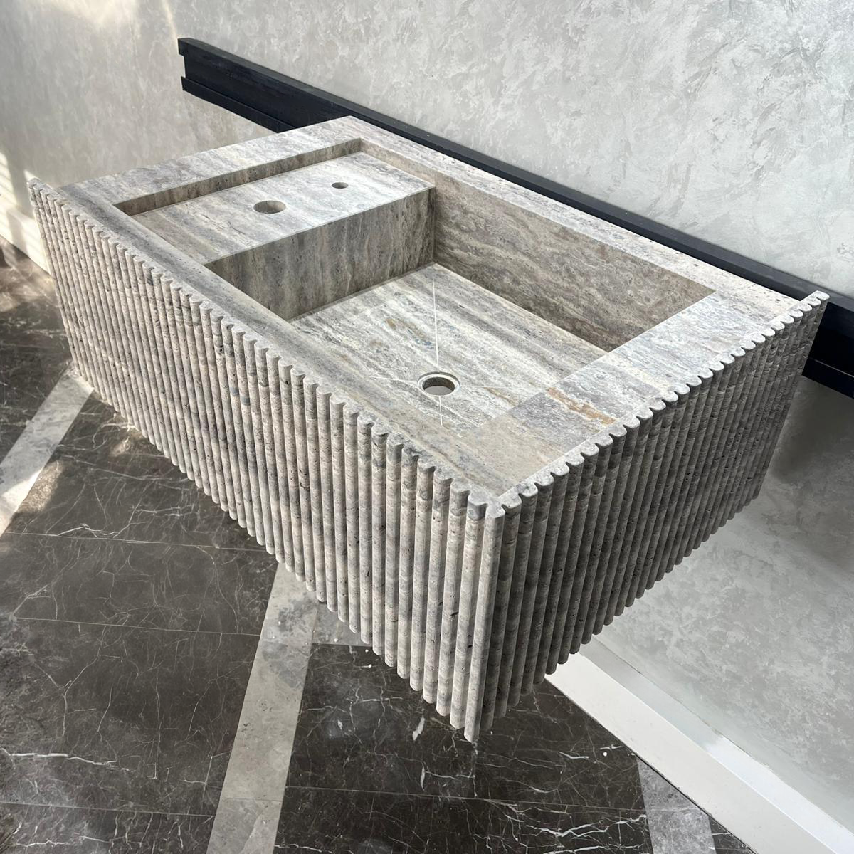 Handmade Silver Vein Cut Travertine Sink | Natural Stone Bathroom Basin | Luxury Custom (TR-077)