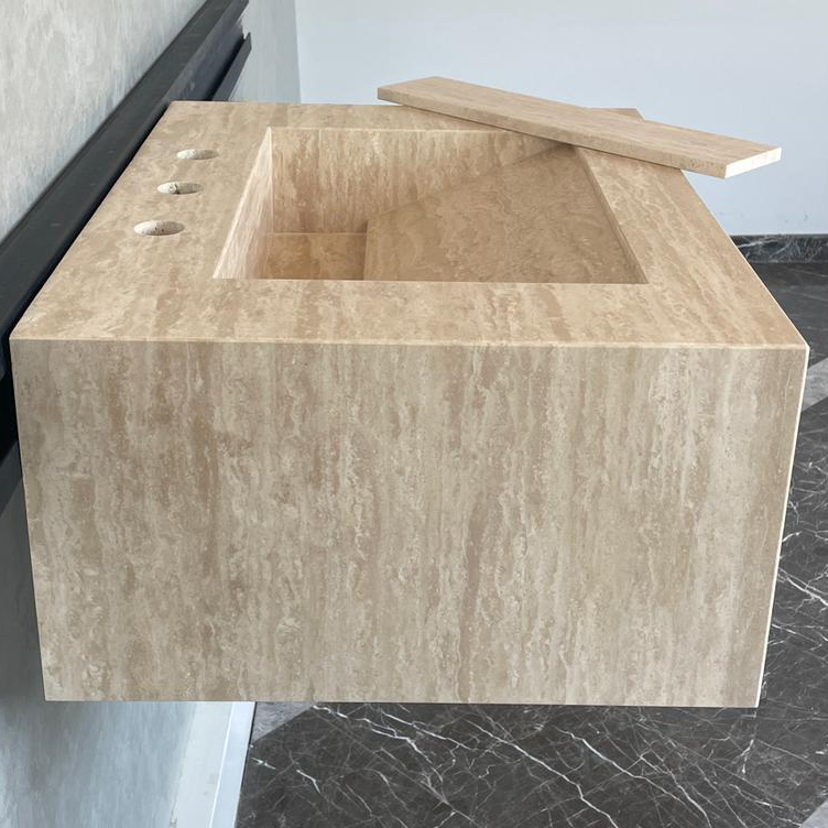 Handmade Vein Cut Travertine Sink: Custom Beige Bathroom Vanity (TR-046)