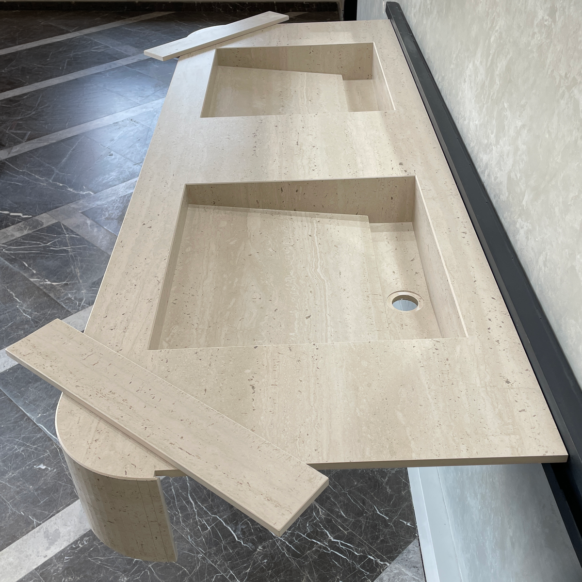 Handcrafted Travertine Look Porcelain Double Sink: Custom Vanity Top (ES-100)
