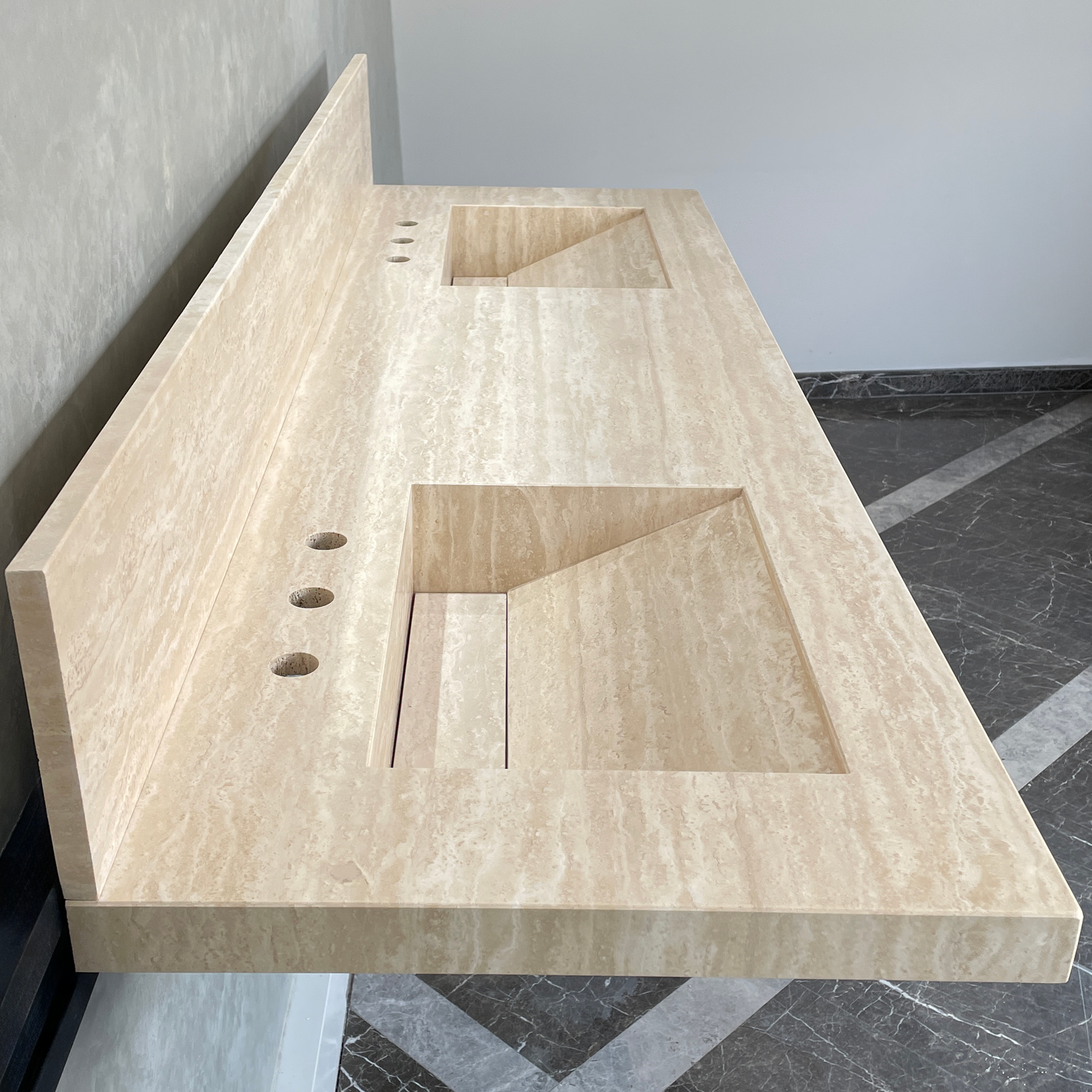 Handcrafted Vein Cut Travertine Sink: Custom Beige Bathroom Vanity (TR-117)