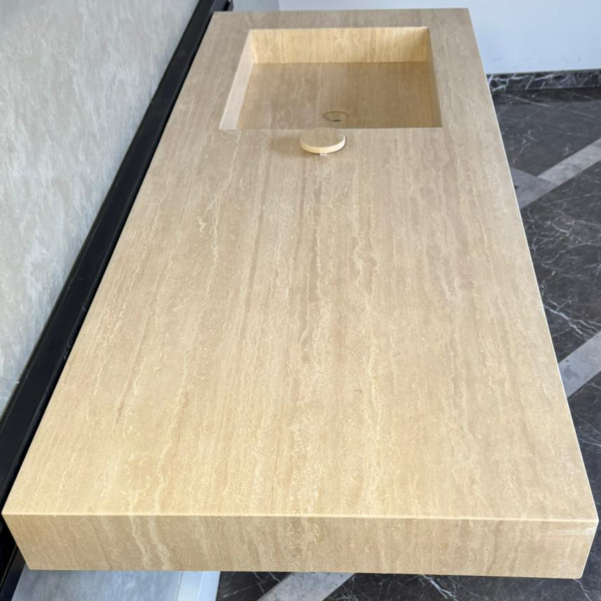 Handmade Vein Cut Travertine Sink: Custom Beige Bathroom Vanity (TR-087)