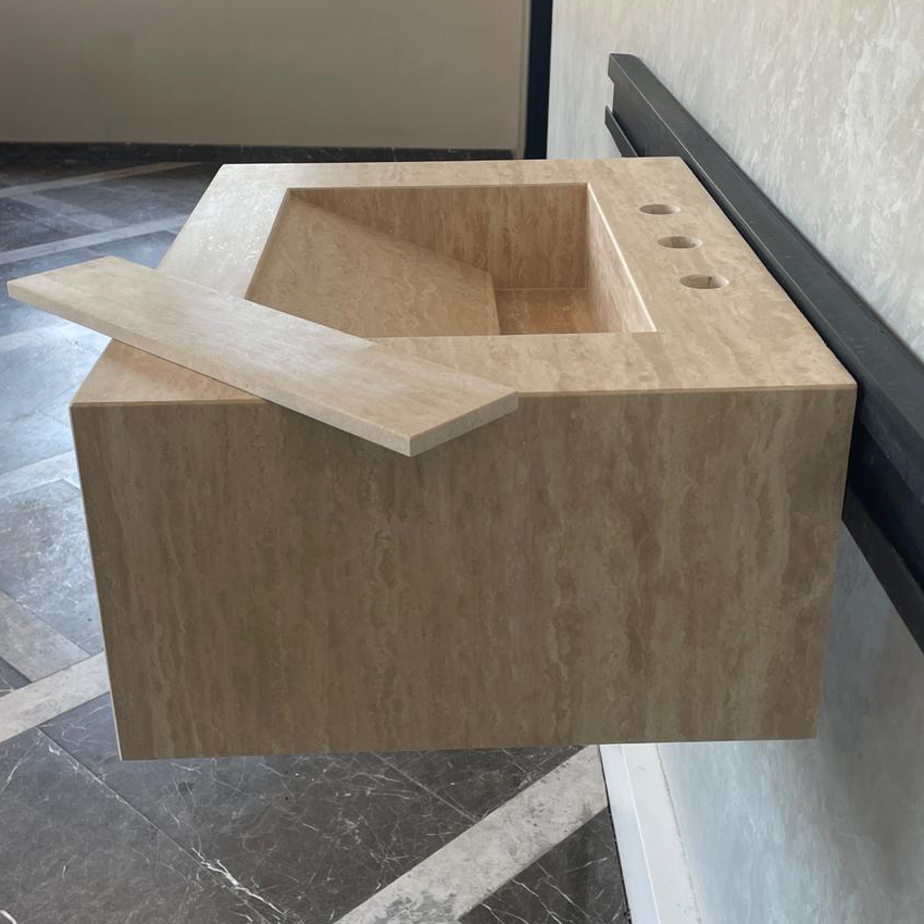 Handmade Vein Cut Travertine Sink: Custom Beige Bathroom Vanity (TR-046)