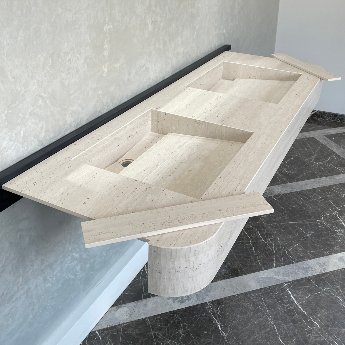 Handcrafted Travertine Look Porcelain Double Sink: Custom Vanity Top (ES-100)