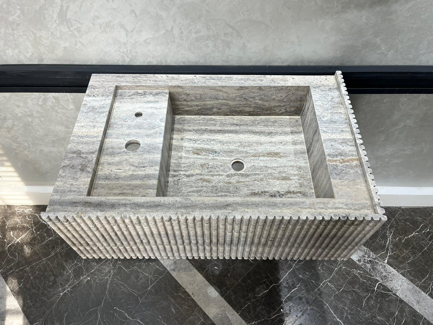 Handmade Silver Vein Cut Travertine Sink | Natural Stone Bathroom Basin | Luxury Custom (TR-077)