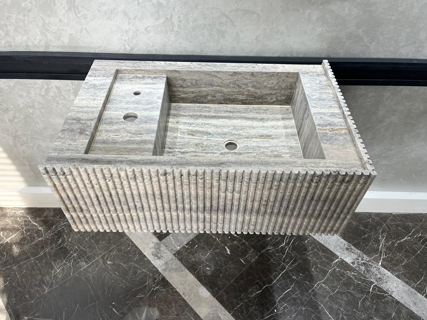 Handmade Silver Vein Cut Travertine Sink | Natural Stone Bathroom Basin | Luxury Custom (TR-077)