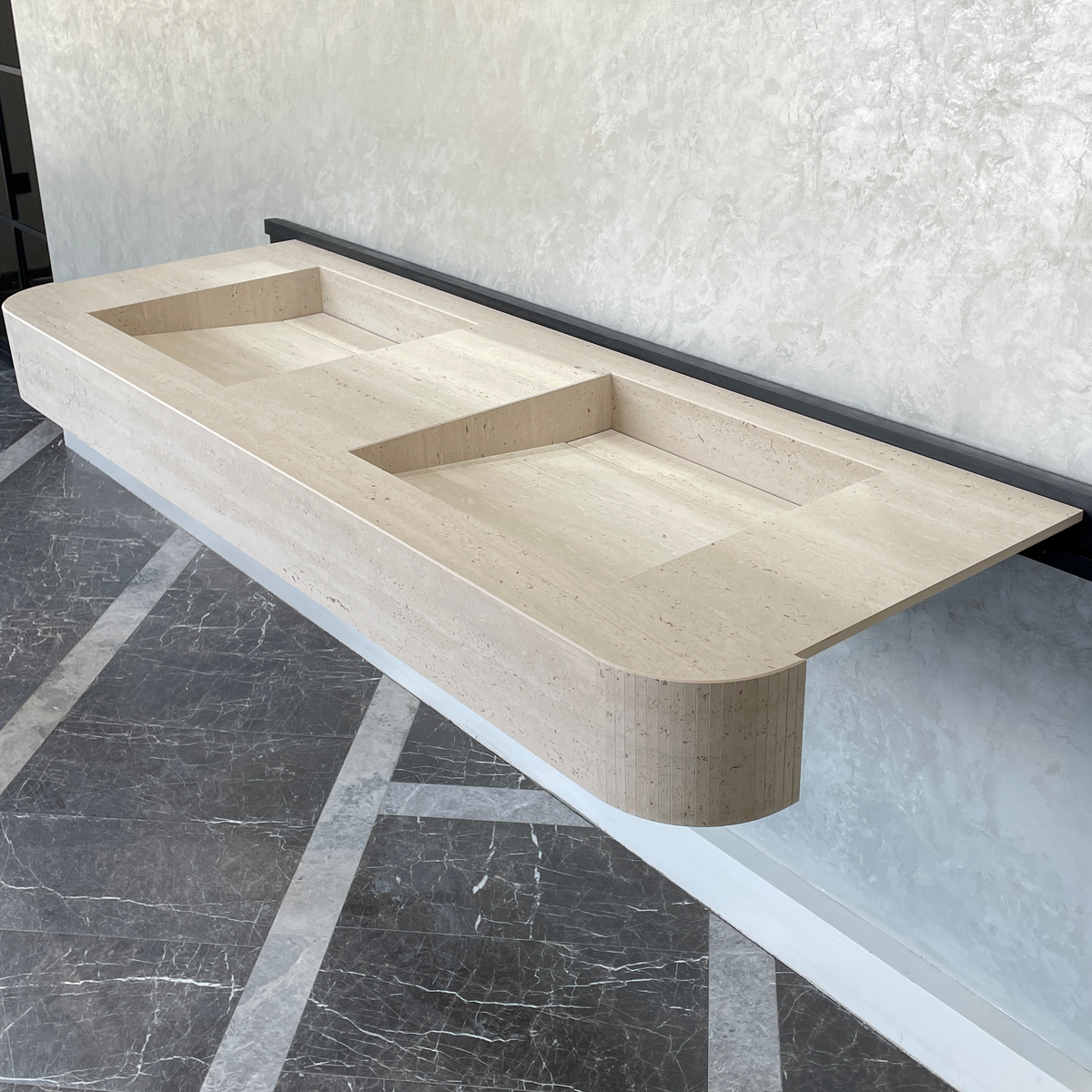 Handcrafted Travertine Look Porcelain Double Sink: Custom Vanity Top (ES-100)
