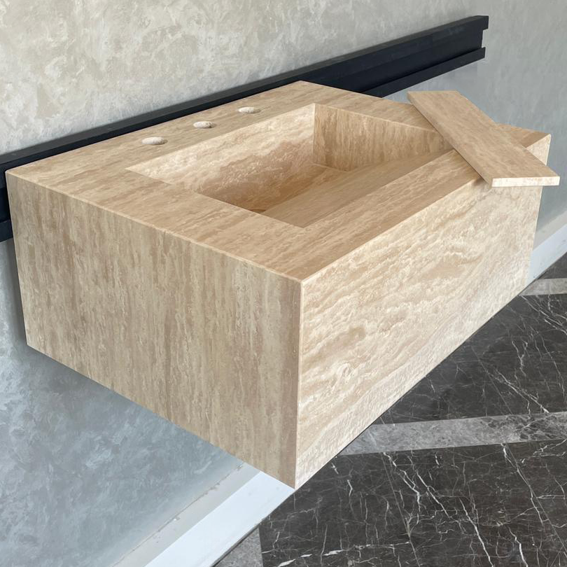 Handmade Vein Cut Travertine Sink: Custom Beige Bathroom Vanity (TR-046)