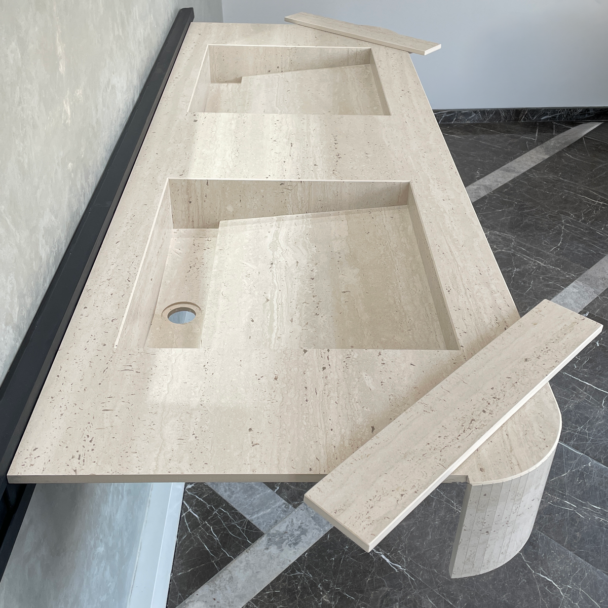 Handcrafted Travertine Look Porcelain Double Sink: Custom Vanity Top (ES-100)