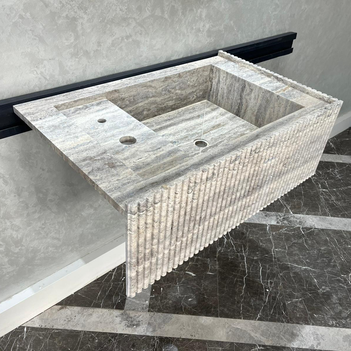 Handmade Silver Vein Cut Travertine Sink | Natural Stone Bathroom Basin | Luxury Custom (TR-077)
