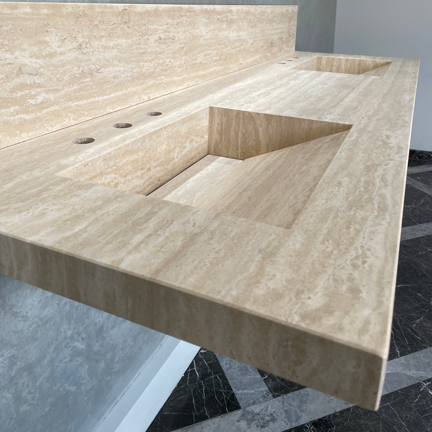 Handcrafted Vein Cut Travertine Sink: Custom Beige Bathroom Vanity (TR-117)