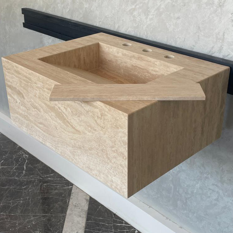 Handmade Vein Cut Travertine Sink: Custom Beige Bathroom Vanity (TR-046)