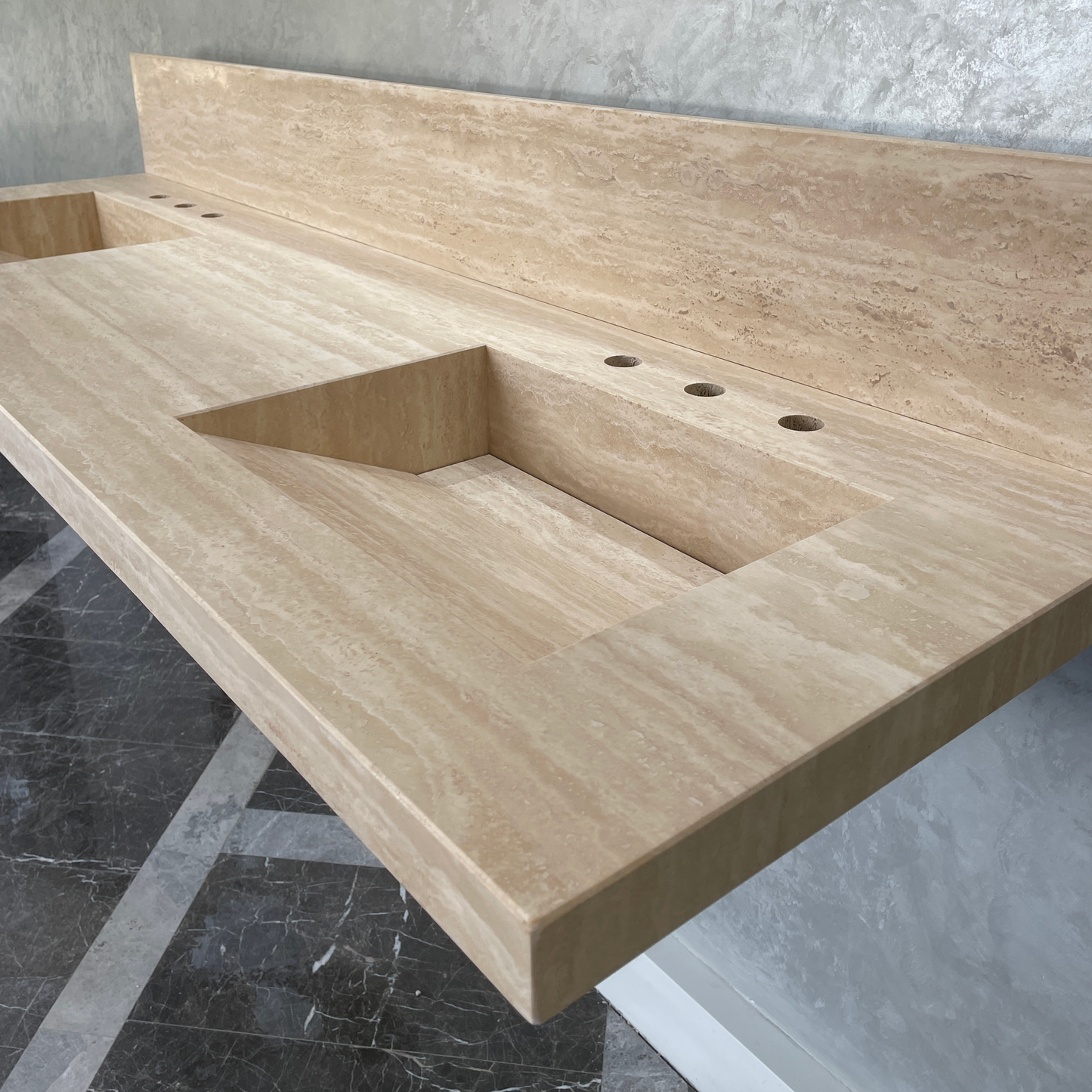 Handcrafted Vein Cut Travertine Sink: Custom Beige Bathroom Vanity (TR-117)