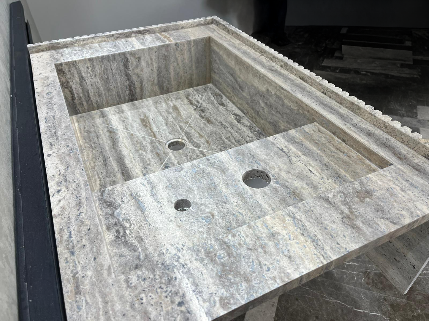 Handmade Silver Vein Cut Travertine Sink | Natural Stone Bathroom Basin | Luxury Custom (TR-077)