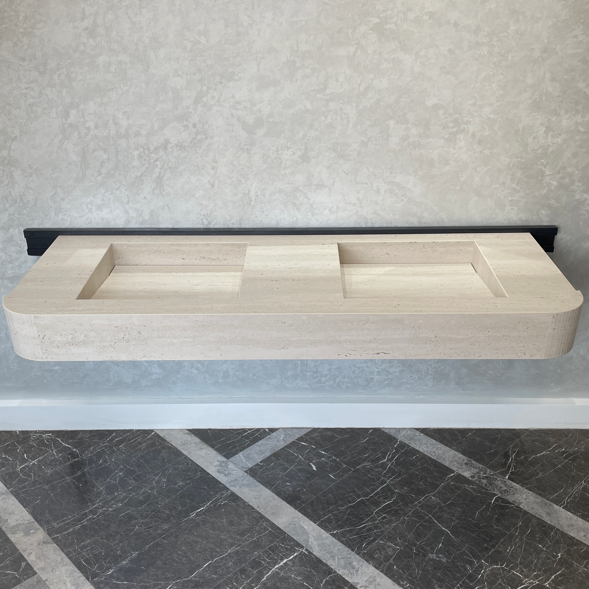 Handcrafted Travertine Look Porcelain Double Sink: Custom Vanity Top (ES-100)